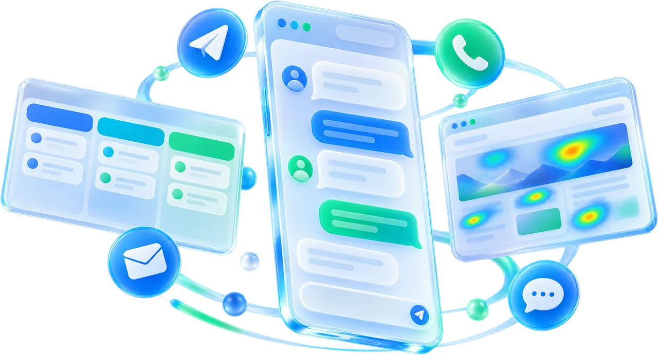 Website chat, CRM pipeline and click heatmap in Overcap